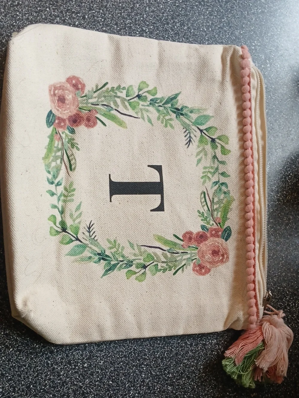 Floral Wreath Monogram Cosmetic Pouch - Letter T